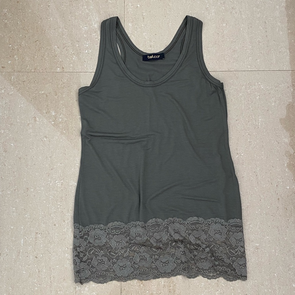 Green military tank top with wide lace trim at hem Never worn